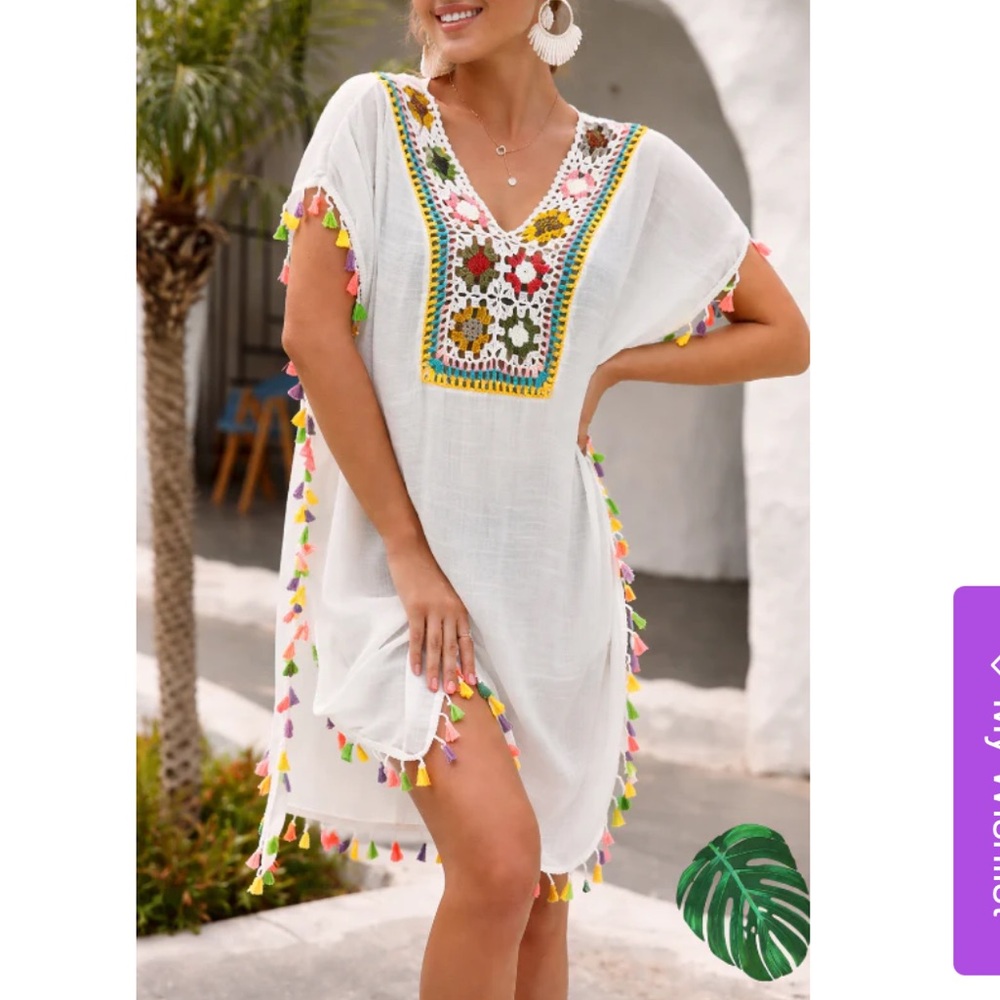 Swim Coverup Tassels & Crochet Accented - Soft White